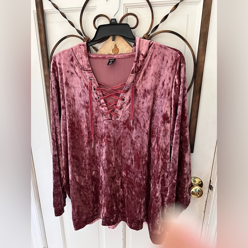 Maroon crush velvet top with hood by City Street. 3X